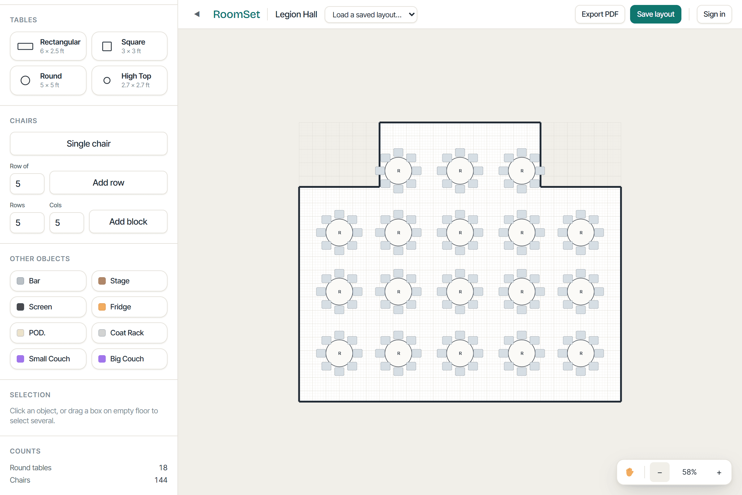 A banquet layout in the editor, with the counts panel listing tables and chairs against the venue's inventory.