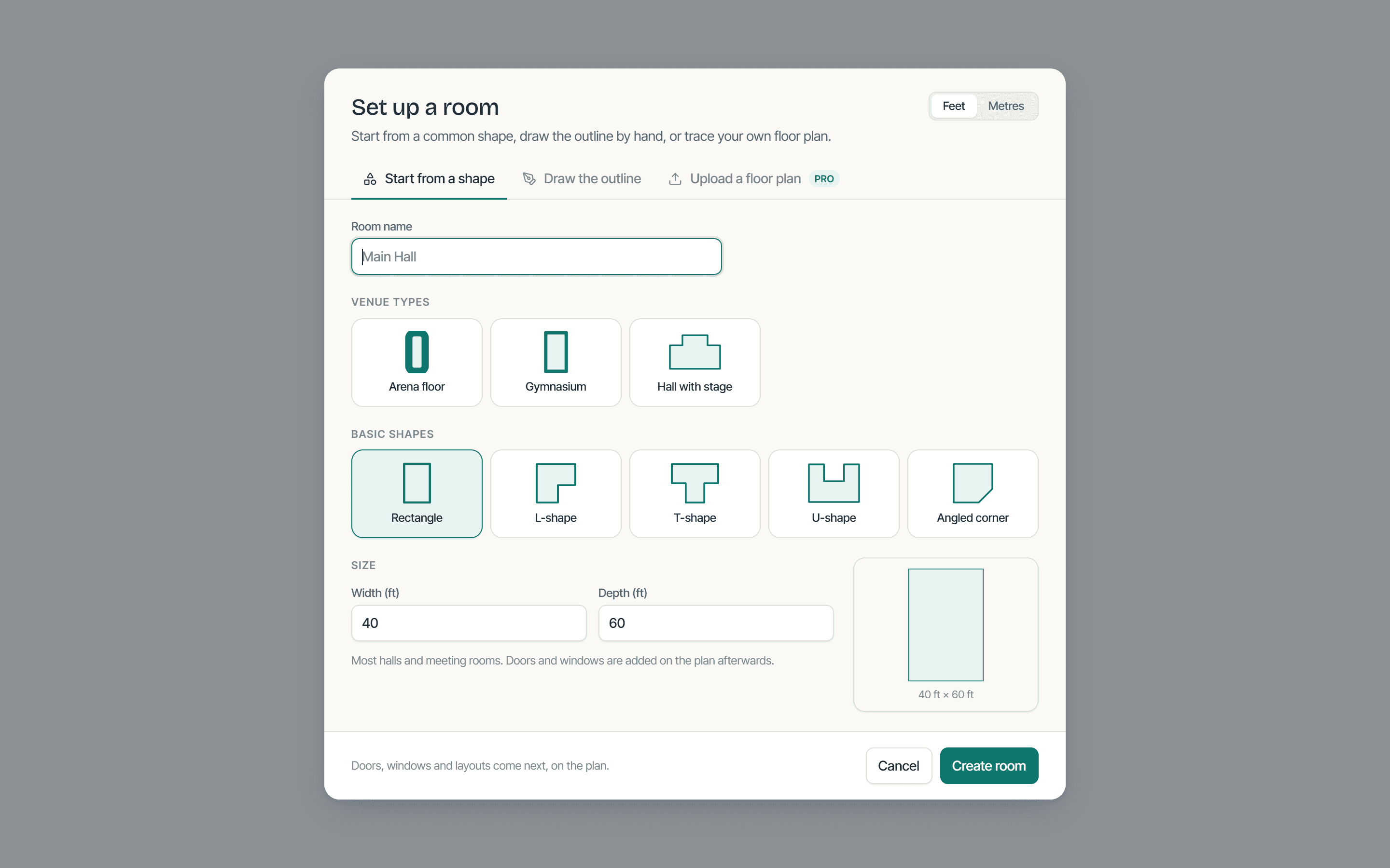 The room setup dialog: start from a shape (arena floor, gymnasium, hall with stage, rectangle, L, T, U, angled corner), draw the outline, or upload a floor plan.