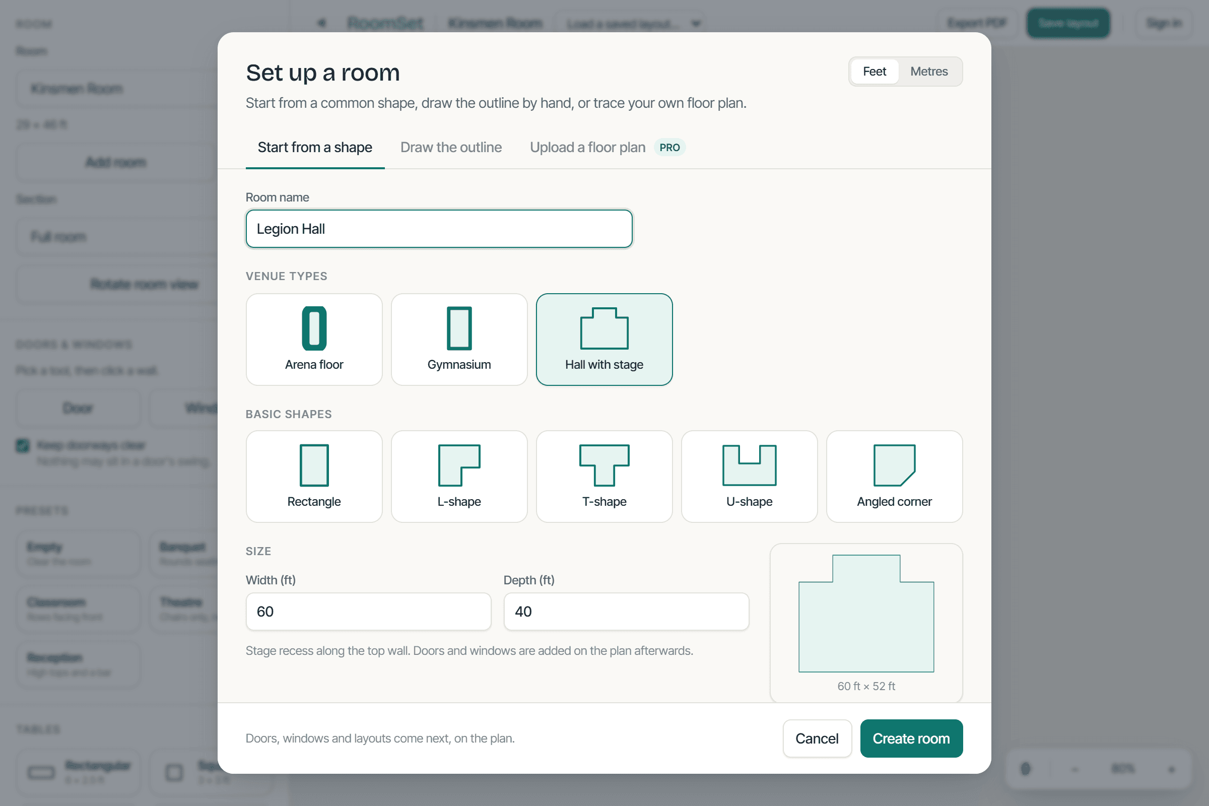 The room setup dialog with shape templates: arena floor, gymnasium, hall with stage, and plain rectangles.