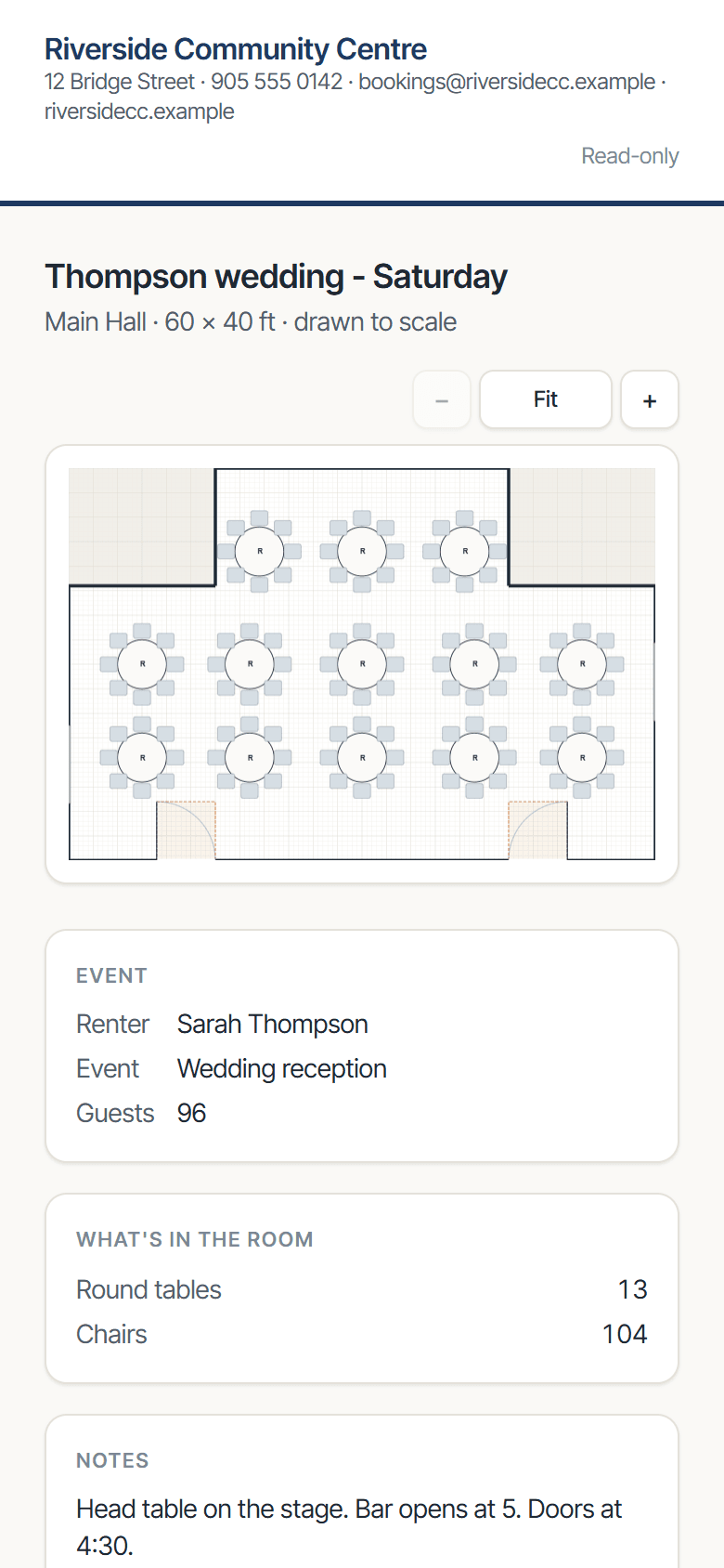 The read-only share page of a wedding layout, open on a phone: the venue's name, the plan, the event details and what is in the room.